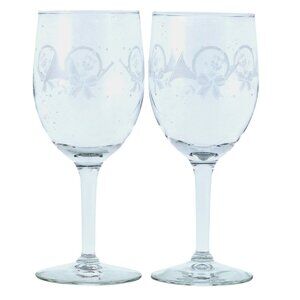 Princess House French Horn Wine Glasses Goblets 7" etched horn ribbon poinsettia